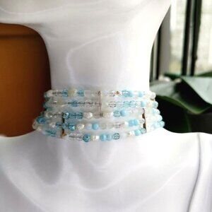 CUSTOM made choker necklace blue crystal white freshwater pearl